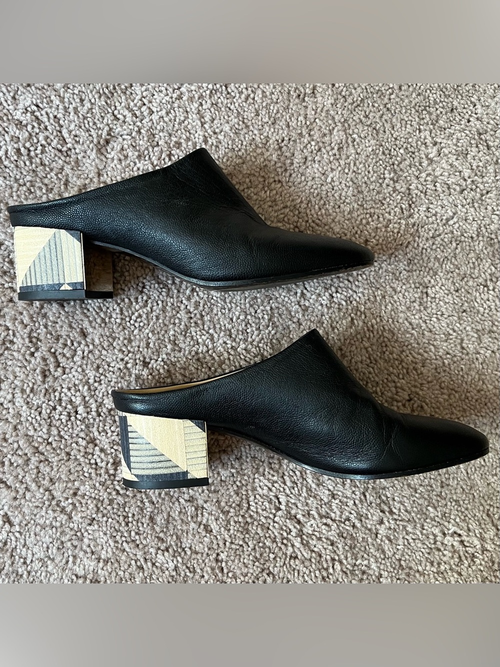 Marion Parke Black Leather Mule Heels with Block Heel